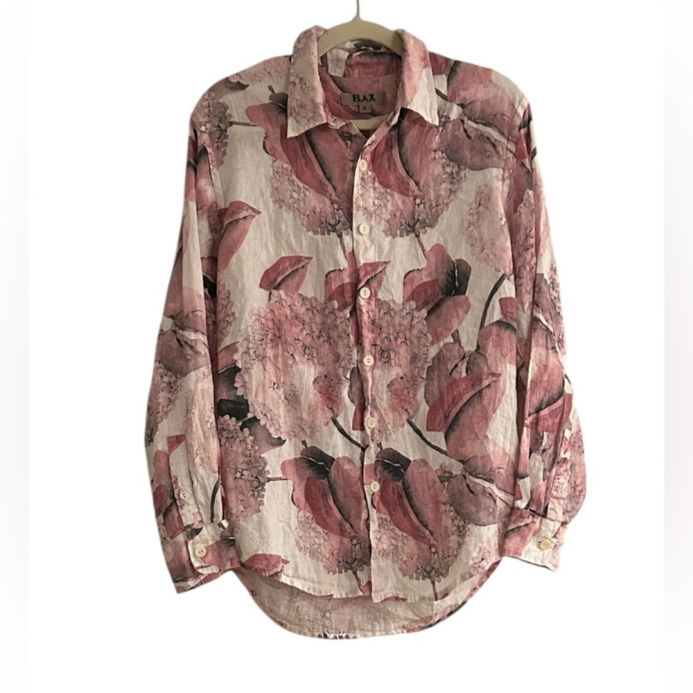 Flax Print Pink White Button Front Top Size 4 - 6